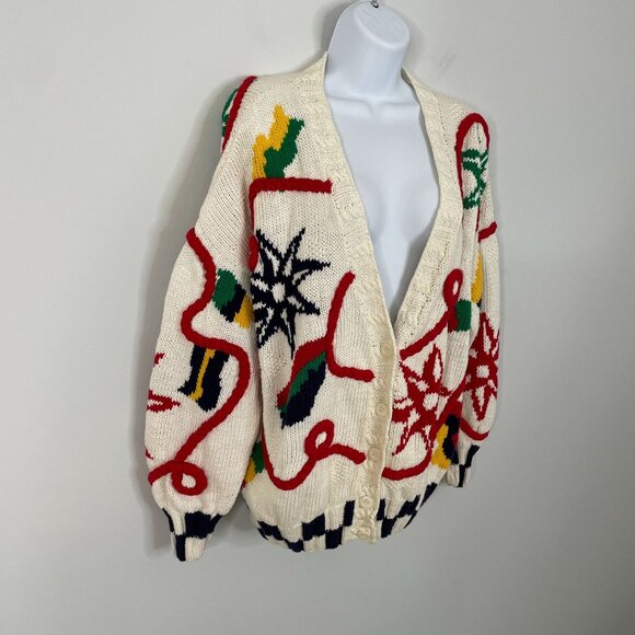 Izod Vintage NAUTICAL CHUNKY Cardigan Sweater Womens Sz M Old Money Hand Knit - Picture 14 of 14
